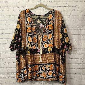 New Plus size boho v neck peasant top black golds pinks 3x